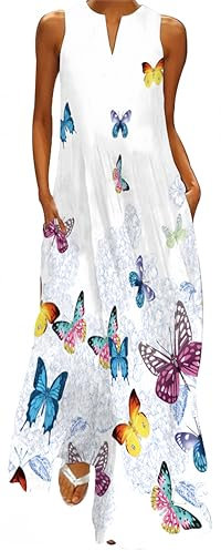 Ocean Plus Damen Maxikleid Vintage-Bedruckte Sommerkleid für Mehrfarbiges Langes Ärmelloses Kleid in Mehrfarben mit V-Ausschnitt (5XL, Orangen Blüten Malerei)