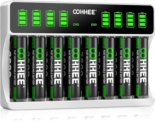 OOHHEE 8 Bays Caricabatteria con 8 x AA batterie, Caricabatteria Intelligente Schermo LCD, per Batterie NI-MH, Caricabatteria Individuale per Batterie AA AAA Ricaricabili