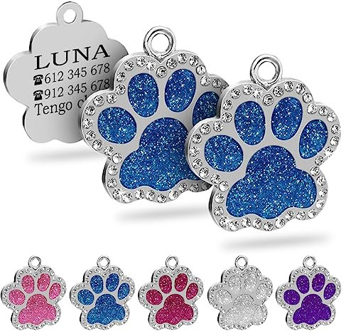 Ibera Gifts - 2 x Chapa Perro Grabada en Forma de Pata con Perdería y Purpurina, Placa Perro Personalizada para Perros y Gatos Pequeños y Medianos, Chapa Identificativa Perro y Gato (Azul x 2)