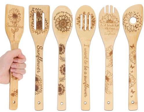 GLOBLELAND 6 Pièces Tournesols Bambou Ustensiles de Cuisine en Bois Gravé Cuillères de Cuisine Ensemble Sculpture Bambou Spatule Bois Cuillère de Cuisine pour Mère l'amie Femmes Amusant Cadeau