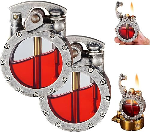 Vintage Grabenfeuerzeug, transparentes Kerosin-Feuerzeug, wiederverwendbar, Winddicht, Taschenfeuerzeug mit transparentem sichtbarem Kraftstofftank, antikes Steampunk-Feuerzeug (Silber*2)