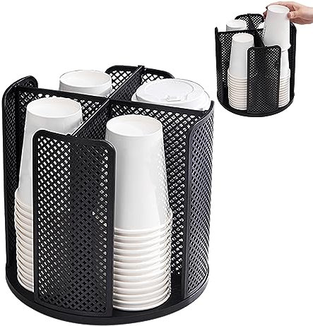 Portavasos giratorio de 360° de papel, portavasos de oficina, portavasos y tapa, organizador de tazas de café con 4 compartimentos, organizador de tazas para el hogar, la cocina (Negro)