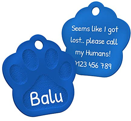 ENGRAVO Hundemarke mit Gravur in Blau 26mm | Pfote Halsbandanhänger personalisiert | Namensschild für Halsband | Anhänger Marke für Hunde, Welpen & Katzen | Dog Tag mit Wunschgravur