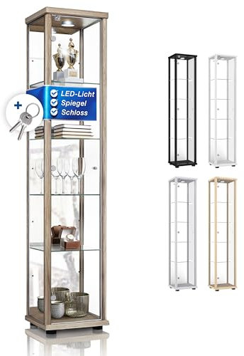 K-Möbel Sammlervitrine (176x37x33cm) - Made in Germany - Vitrinenschrank Sonoma Eiche mit 4 höhenverstellbaren Glasböden, Spiegel, Schloss & LED - Glasvitrine Stehend - Display Cabinet