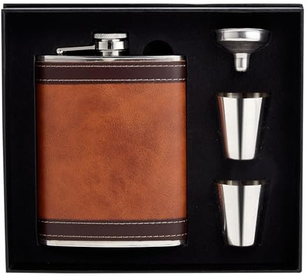HEESUNG Hip Flask 8oz with Funnel 2 Short Cup Drinking Flasks Kit Brown Leather Whiskey Flask 304 Stainless Steel Flagon