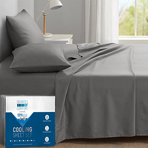 Degrees of Comfort Coolmax Kühllaken-Set für Doppelbett, Feuchtigkeitstransport für Nachtschweiß, bester Komfort, kühles Bettlaken für heiße Schläfer bei warmem Wetter, mit tiefer Tasche, Grau,