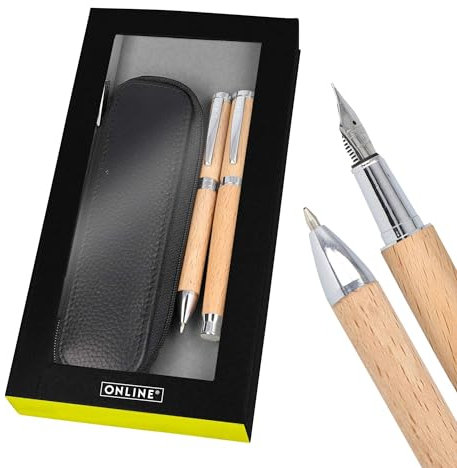 Online Schreibset Füller und Kugelschreiber aus Holz I inklusive Stifte-Etui aus Echtleder I Holzstifte auch Beechwood I Füllhalter, Kuli, Mäppchen in Geschenkbox