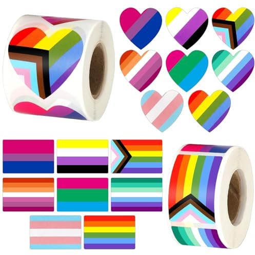 JULBEAR Regenbogen Sticker, 600 Stück Pride Sticker 8 Stile Pride Aufkleber LGBT Herzform Etiketten Rolle Regenbogenflagge Aufkleber 2 Rolle Selbstklebende Heart Sticker für Pride Parades