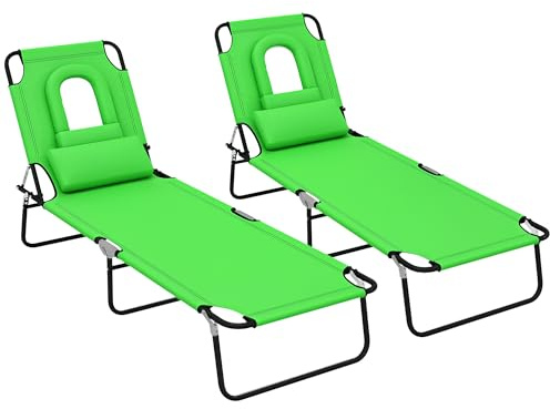 Outsunny Folding Sun Loungers Set of 2 with Face Hole, 4-Position Adjustable Backrest Garden Recliner Chairs Sunbeds, Outdoor Lounge Chairs with 600 D Oxford Cloth Seat, Pillow for Beach, Green