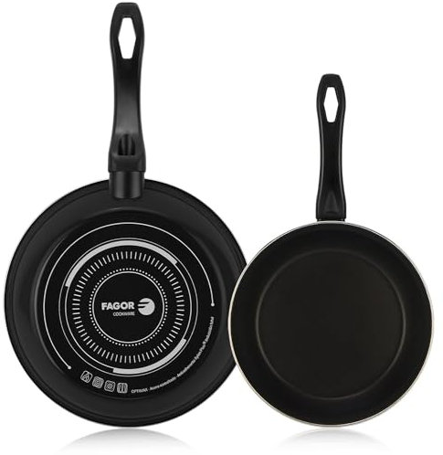 FAGOR Optimax set de sartenes 20 + 26 cm, negra, antiadherente doble capa, acero esmaltado de 1,5 mm de espesor, para todo tipo de cocinas y lavavajillas, incluido inducción, facil uso y limpieza