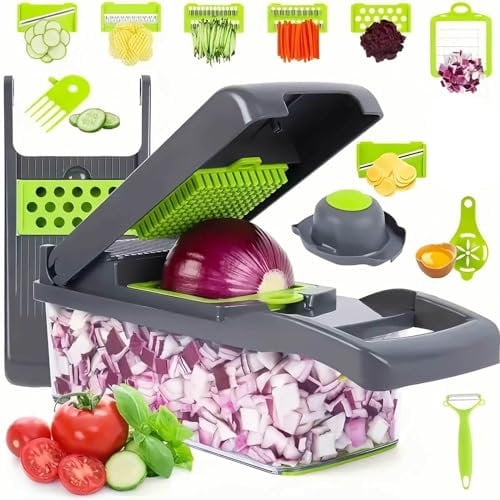 POVVFRTY Pro Food Chopper, Multifunctional, Vegetable Chopper, Veggie Chopper with 6 Blades, Kitchen Vegetable Slicer Dicer Cutter, Vegetable Cutter,GreyB-29.7×11×10.5CM/11.69×4.33×4.13IN/4019(GreyA)