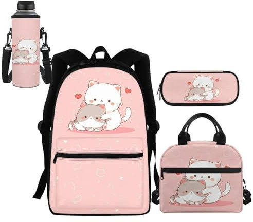 HELLHERO Girls School Bag for Kids 6-8 10-12 Kawaii Cat Backpack Set with Lunch Bag Pencil Case Water Bottle Sleeve Elementary Middle High School Bookbag College Rucksack Daypack