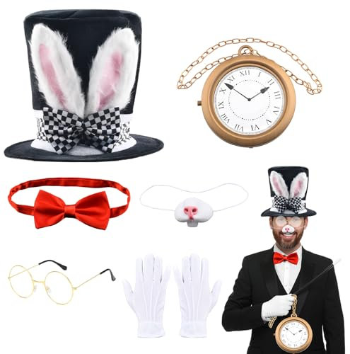 Abitoncc White Rabbit Costume 6Pcs Bunny Dress Up Accessories Set Rabbits Ears Plush Topper Hat Bunny Nose Rabbit Clock Glasses Bow Tie Gloves for Easter Halloween Party Costume