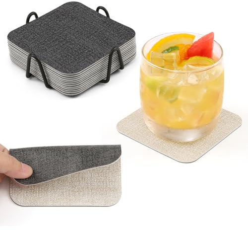 Chitomars Untersetzer Gläser 12er Set, Doppelseitige Untersetzer für Gläser rutschfest Glasuntersetzer Getränkeuntersetzer Kunstleder Untersetzer Glas Untersetzer-Set mit Halter (Grau Cremeweiß)