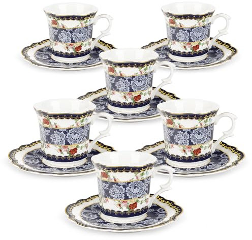 fanquare Blue Floral Cups and Saucer Sets of 6 Bone China Vintage Espresso Coffee Cup with Gold Trim Elegant Afternoon Party Porcelain Tea Service Gifts 80ml