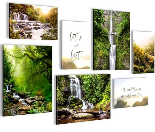 Novart Wandbilder Wald Wasserfall - KOMPLETT AUFHÄNGFERTIG - Grün Wohnzimmer Schlafzimmer Flur - 7 Moderne Mood-Bilder - N033971a