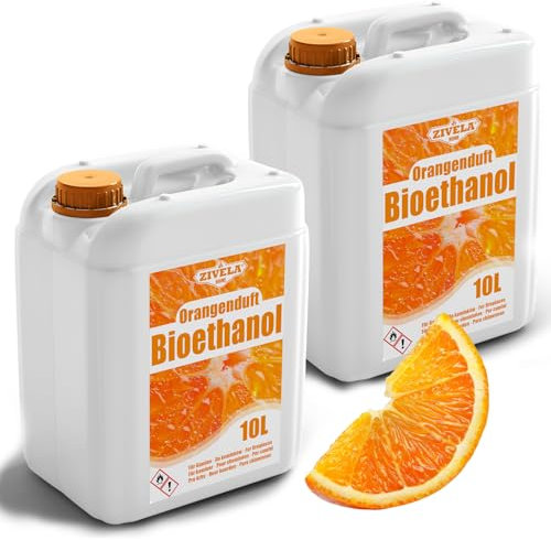 Bioéthanol 96,6 % 20 l | Alcool bio parfum orange 96,6 % 2 x 10 l | Bioéthanol pour cheminée, cheminée de table, cheminée au bioéthanol | Parfum orange | Combustion propre, sans fumée, flamme vive et