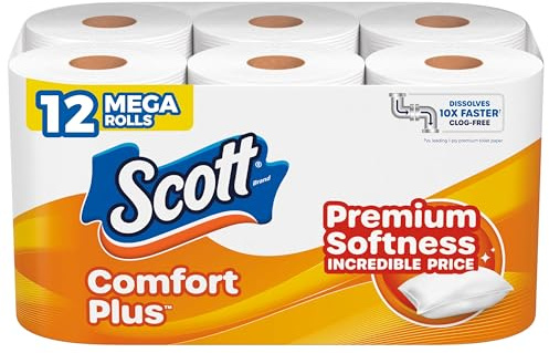Scott ComfortPlus Toilet Paper, 12 Mega Rolls, 310 Sheets per Roll, Septic-Safe, 1-Ply Toilet Tissue