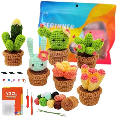 Crochet Kit de Manualidades para Adultos y adolescentes: Kit de crochet y Ganchillo Fácil para Crear Amigurumi - Ideal Principiantes, Todo Incluido en el Kit Para Hacer los 6 cactus.