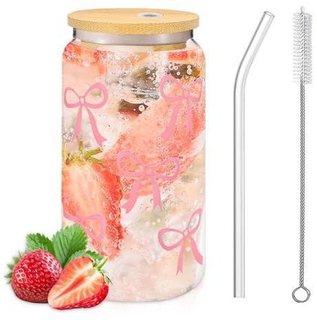 Forbabe 1 tazza di vetro Bow da 500 ml con coperchio e cannuccia da 16 once, per caffè, bibite, cocktail e molto altro ancora