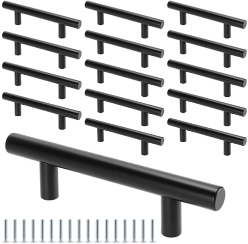 NAMYEUT 15 Pack Black Cupboard Door Handles 3 Inch 76mm Hole Center | Stainless Steel T Bar Wardrobe Pulls Handle with Screws for Kitchen Bathroom Bedroom, Cabinet