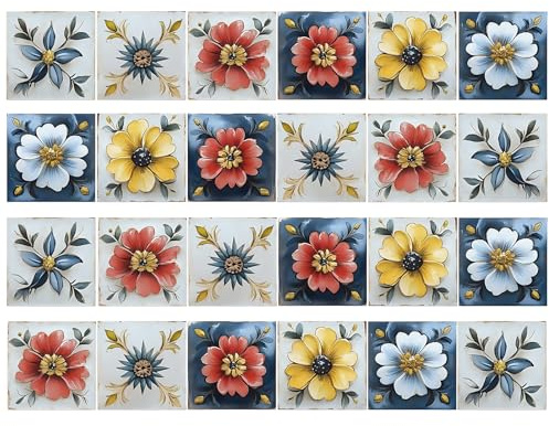 Floral Wall Paper - Adesivi da parete in PVC autoadesivi, impermeabili, rimovibili, confezione da 24 adesivi per piastrelle, rosa, 20×20 cm