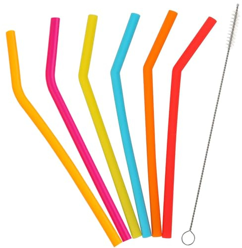Reusable Silicone Straws, 6 PCS Reusable Bent Silicone Straws with Cleaning Brush, for Coffee, Juice, Milk, Boba, Smoothies, Tea, Thick Drinks, Easy to Clean, 6 Colors