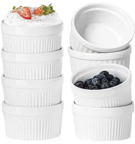 PISTISJACK Set di 8 Pirottini in Porcellana da 120ml, Piatti da souffle in porcellana, Resistenti al Pirottini per crema Brulee,per Torte, Budini, Gelati e Salse, Flan, Creme(Bianchi)