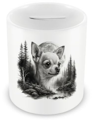 Samunshi® Spardose mit dem Motiv Chihuahua im Wald - Spardose für Chihuahua Fans Sparschwein mit Hunde Motiv Sparbüchse Cash Money Geld weiß 330ml