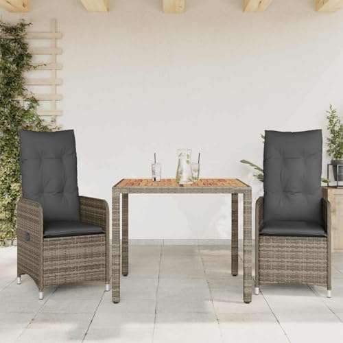 Tonture 3-TLG. Garten-Bistro-Set, Grau Poly Rattan, verstellbare Relaxsessel, Akazienholz-Tisch 90x90cm, UV-beständig, mit Kissen, für Balkon, Terrasse & Garten