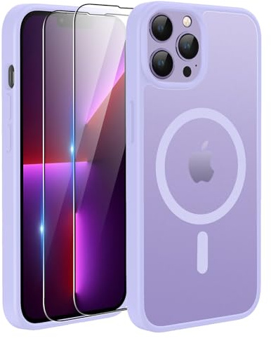 TQIAHF Magnetic Phone Case for iPhone 13 Pro Max Case with 2 Tempered Glass Screen Protector Compatible with MagSafe Military Grade Translucent Matte Phone Cover for iPhone 13 Pro Max,Purple