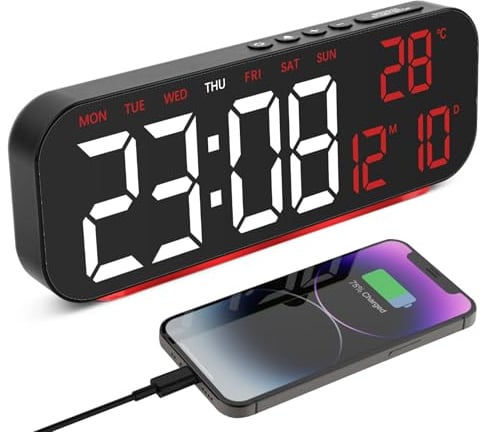 Foyucool Despertador Digital de Mesa para Dormilones, Alarma Dual | Reloj de Mesita de Noche con Batería de Respaldo, 4 Niveles de Brillo, Luz Nocturna, Temporizador, Alimentación USB