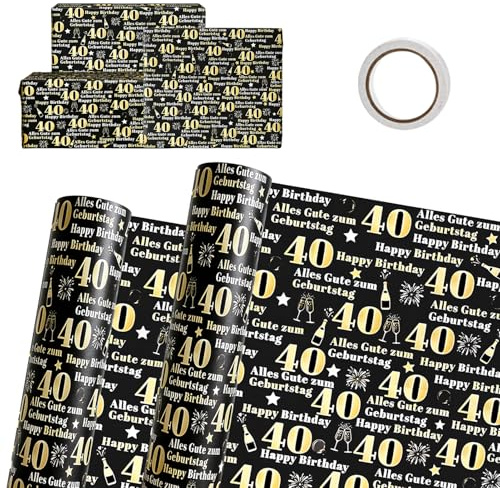 2 Blätter Geschenkpapier Geburtstag Set 40. Geburtstag Wrapping Paper Schwarz Gold 75x51cm mit Doppelklebeband Geschenkspapier Happy Birthday Geschenkpapier für Geschenkverpackung