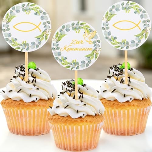 Bomtop Tortendeko Kommunion, 24 Stück Cake Topper Kommunion, Fisch Eukalyptus Cake Torte Deko, Tortenaufleger Kommunionen Junge Mädchen zur Taufe Erstkommunion, Kommunionsgeschenke Party Dekoration