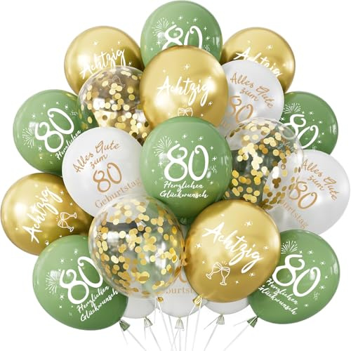 Deko 80. Geburtstag Luftballon, 24 Stück Grün Gold Ballon 80. Geburtstag | Balloon Alles Gute zum Geburtstag, Happy 80th Birthday Balloon, Salbeigrüne Gold Ballon 80 Jahre Geburtstag für Mann Frauen