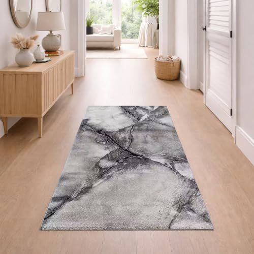 Teppich-Traum Moderner Teppich Stein-Riss-Optik Grau Creme 80x150 cm | Weich und pflegeleicht, robust, formstabil, allergikerfreundlich, für Fußbodenheizung und Saugroboter geeignet