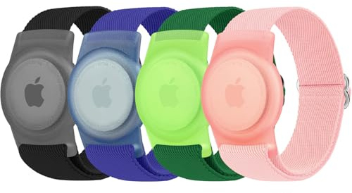 Oumida 4 STÜCK Hülle für Apple AirTag Armband Kinder, Verlierschutz Kratzschutz AirTag Schutzhülle, Elastisches Nylon, Verstellbares AirTag Armbands (Schwarz/Blau/Grün/Rosa)