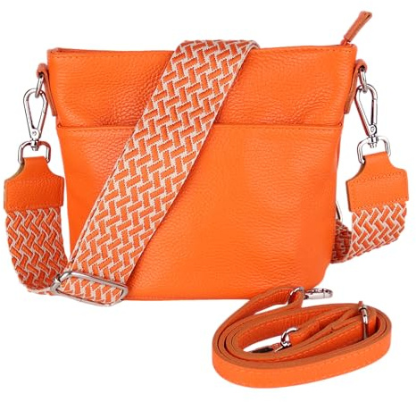 MIRROSI Damen Umhängetasche, Crossbody Bag, Echtleder I Made in Italy (1 Tasche 1 oder 2 Gurt(e)), 24x18x12cm (BXHXT) Mittelgroß (Upgrade Version (mit 2 Gurte): Orange Flecht)