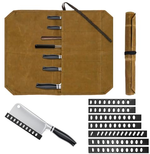 Hounyou 7 Slot Knife Roll Bag for Chefs, Waxed Canvas Knife Case with 7 Knife Guards