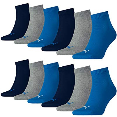 PUMA 12 Paar Unisex Quarter Socken Sneaker Gr. 35-49 für Damen Herren Füßlinge, Socken & Strümpfe:43-46, Farbe:277 - blue/grey mélange