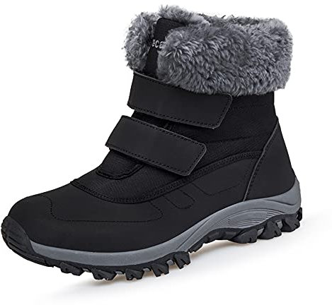 DRECAGE Winterstiefel Wasserdicht Damen Gefüttert Stiefel mit Klettverschluss Boots Schneestiefel Warm rutschfest Schwarz 41 EU