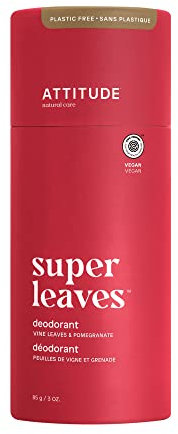 ATTITUDE Plastic-Free Deodorant, EWG Verified, Aluminum Free, Vegan Naturally Sourced Body Deodorants for Women & Men, Dermatologically Tested, Vine Leaves and Pomegranate, 85 grams