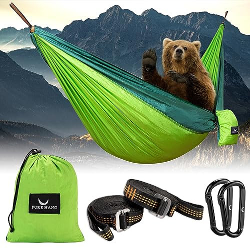 PURE HANG Premium Camping Hängematte Outdoor 2 Personen aus Nylon Fallschirmseide für Reise, Travel, Garten mit Befestigung Aufhänge Set | 300kg Belastung (Naturgrün)