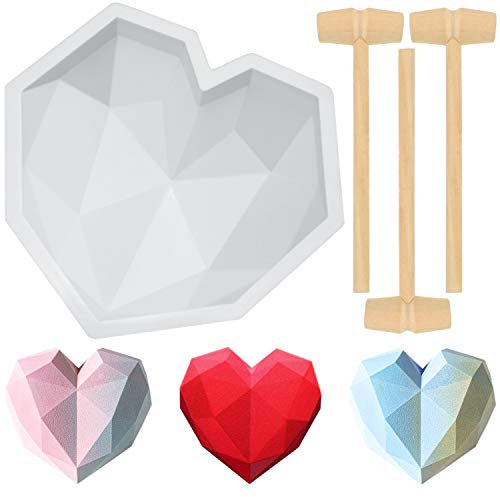 Patelai Valentine‘s Day Heart Mold 7.8 Inch Chocolate Heart Shape Silicone Cake Mousse Dessert Baking Pan Silicone Love Fondant Mold with 8 Pcs Mini Wooden Hammers(White)