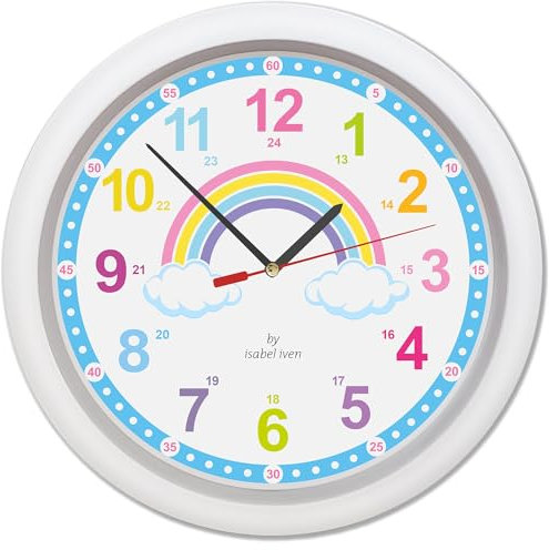 Isabel Iven® Designer Wanduhr Kinder mit Regenbogen - Lautlose farbenfrohe Kinderwanduhr, Durchmesser 30 cm, Einfache Aufhängung, Wanduhr für Jungen und Mädchen, Lernuhr für Kinder von Designerin