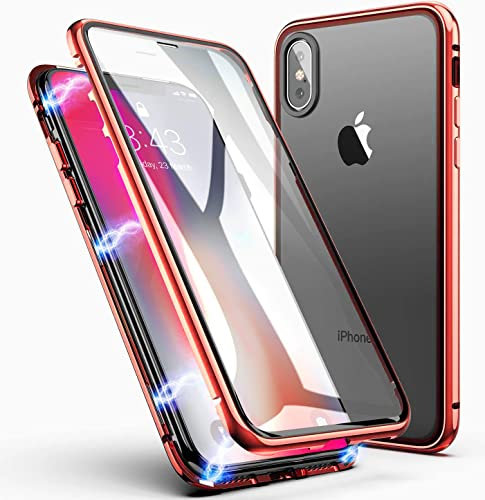 LONYAN Compatible with iPhone XS Max Case, Magnetic Adsorption Protective Hard Case Front and Back Tempered Glass Full Screen Coverage One-Piece Design Flip Cover (Red)