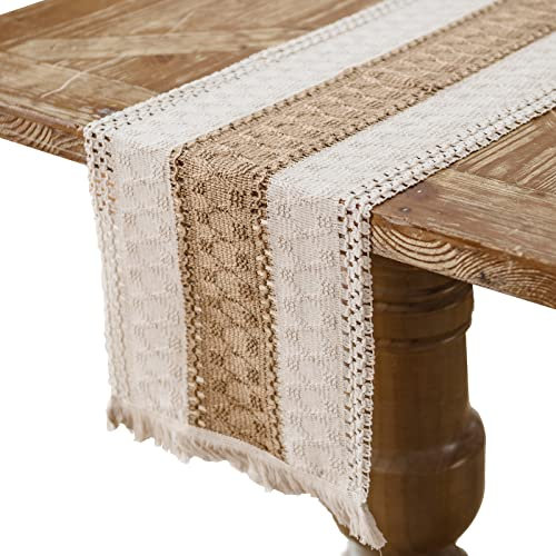 Boho Tischläufer Beige Leinen, Abwaschbar Vintage Makramee Tischläufer mit Quasten für Landhausstil Hochzeit Geburtstag Festlich Heim Küche Kaffee Tisch Dekoration, 30 x 180 cm