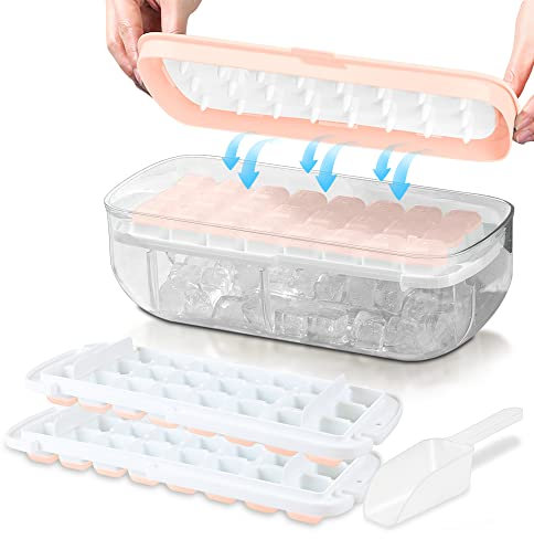 Ice Cube Tray with lid, Food-Grade Silicone Ice Cube Moulds, Release All Ice Cubes in One Second, Reusable 48 Ice Cube Tray(Pink)