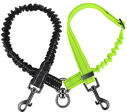 Nasjac Guinzaglio doppio per cani, nero e verde fluorescente, guinzaglio per cani, versione a 2 colori (per XS/S+S), elastico ammortizzante, senza grovigli, connettore girevole a 360°, lunghezza