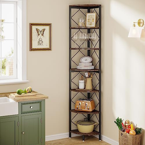 Tribesigns 7-Ebenen Eckregal, 200cm extra hohes Eck-Bücherregal, industrielles, schmales Bücherregal für kleine, Enge Räume, Eckregal-Ständer aus Holz,Aufbewahrungsregal für Wohnzimmer,Küche,Heimbüro